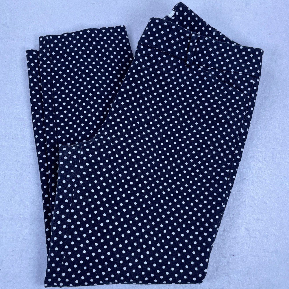 New York & Company Navy Blue White Polka Dot Ankle Pants Women 12 Stretch Cotton